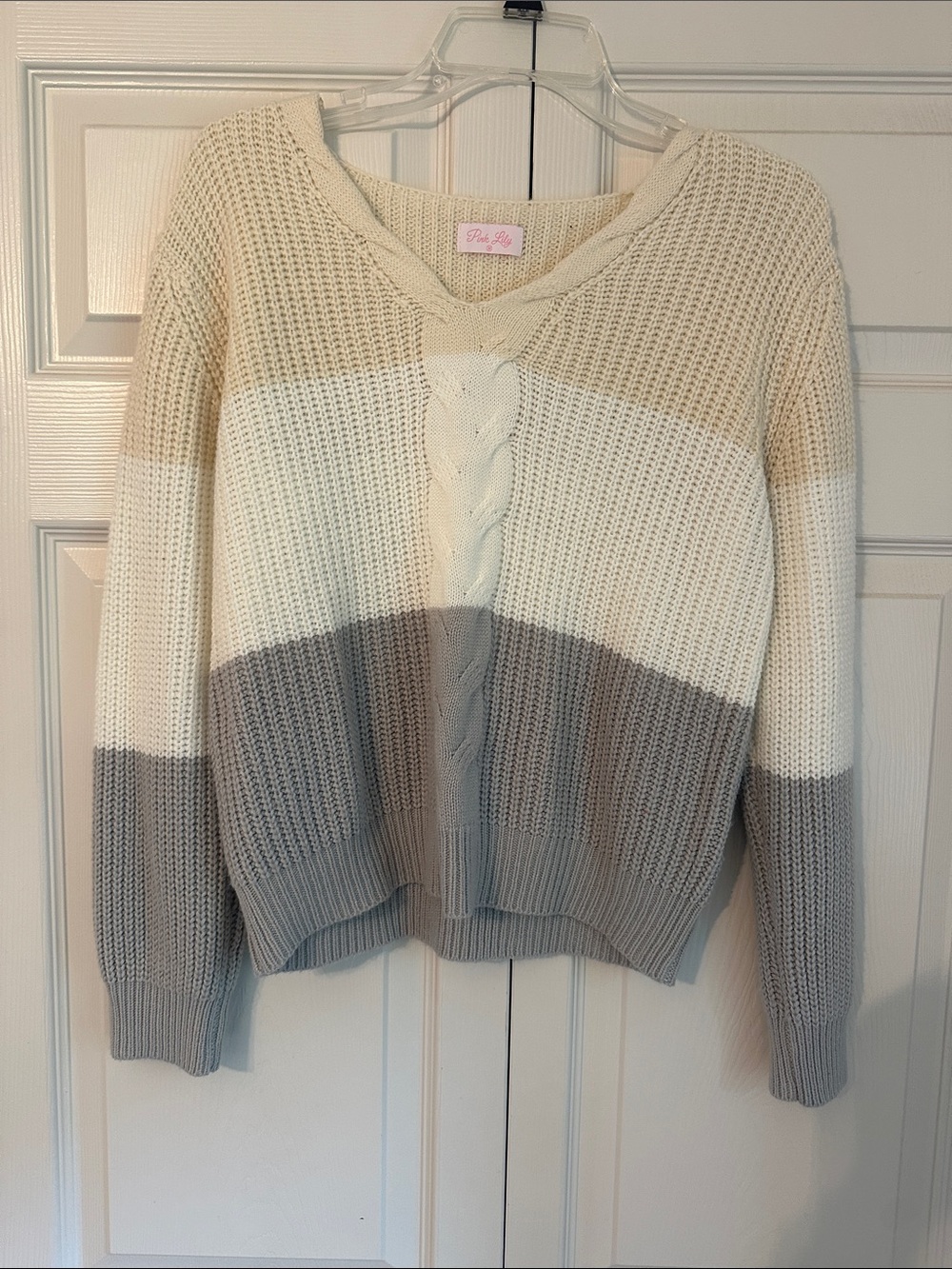 Pink Lily Cream, Ivory & Gray Striped V-Neck Sweater